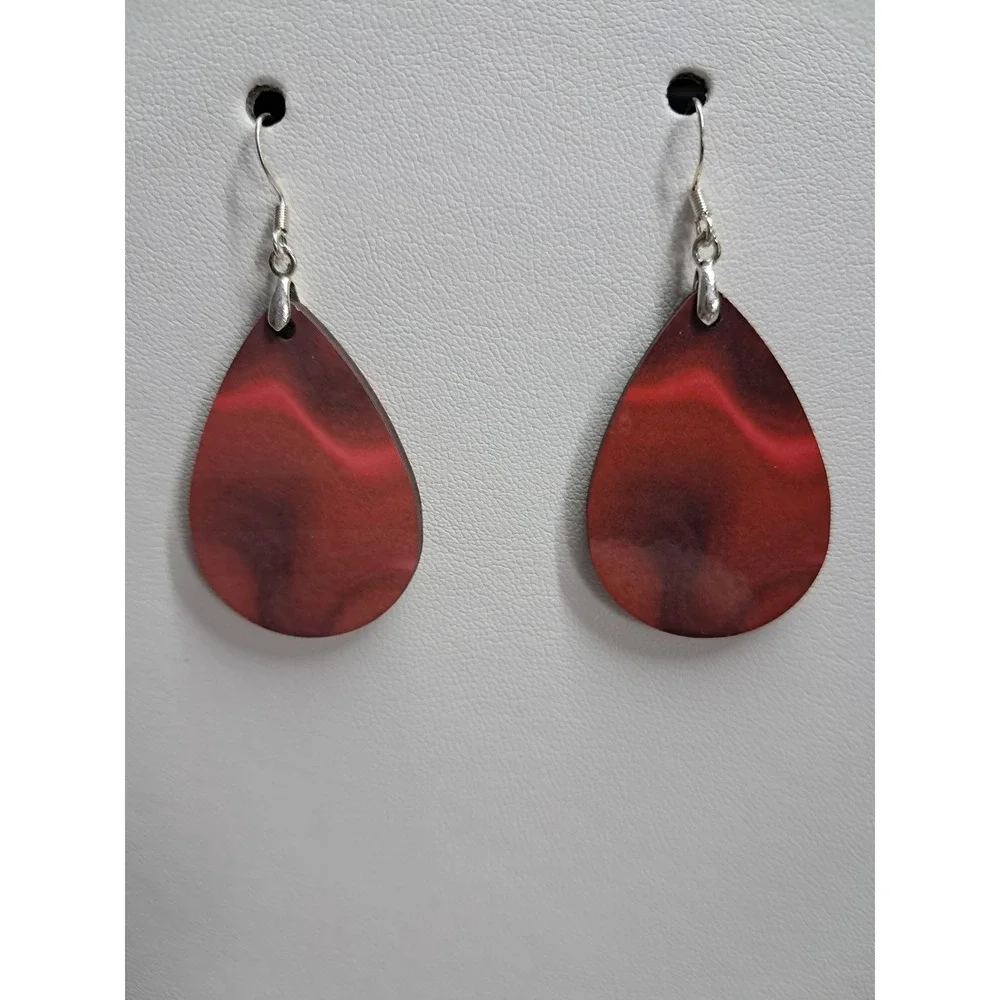 Red Black Marbled Teardrop Earrings Silver‎ Tone Fishhook Drop Dangle Jewelry